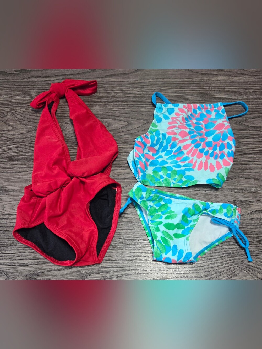 Red One-Piece & Blue Floral Two-Piece Bikini Set